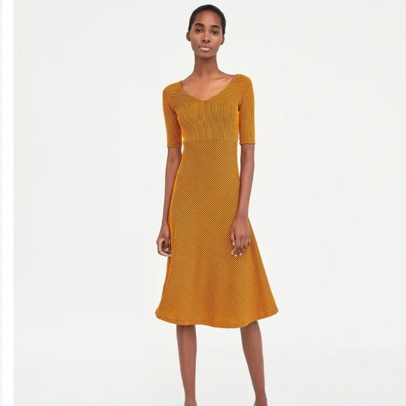 Zara NWOT Ribbed Striped Dress Fit and Flare Half Sleeve size XL - Picture 5 of 8